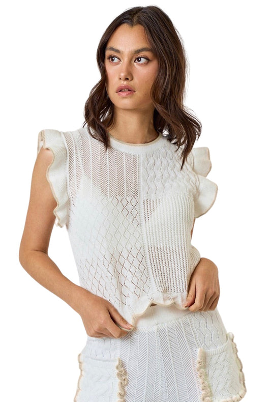 Apparel- LALAVON Textured Round Neck Ruffle Sleeve Sweater Top