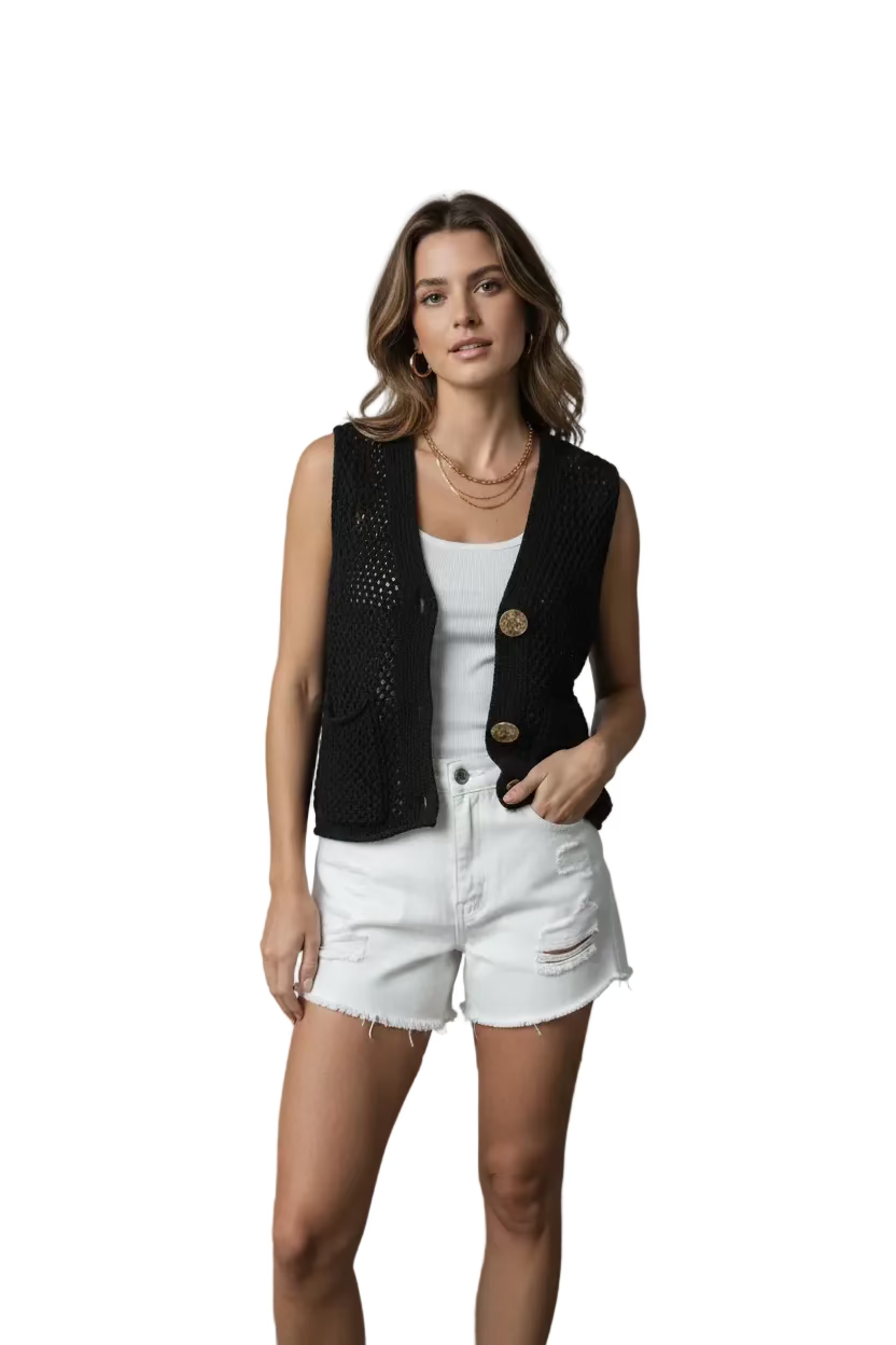 Mermaid Fashion Black Crochet Vest Top