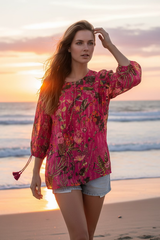 Just Bellina Eyelet Floral Long Sleeve Blouse Top