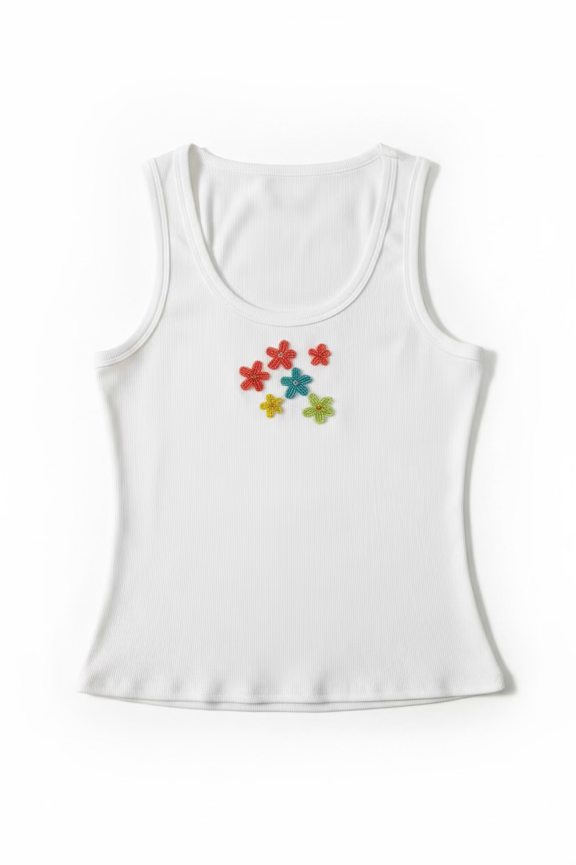 Needii Floral Beaded Ribbed Tank Top