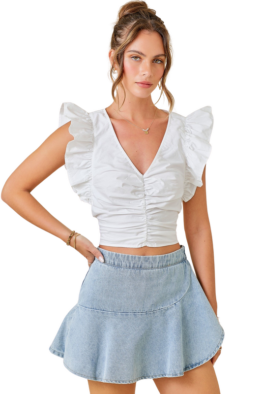 Apparel- Day+Moon Sweetheart Ruched Front Crop Top With Ruffled Sleeves