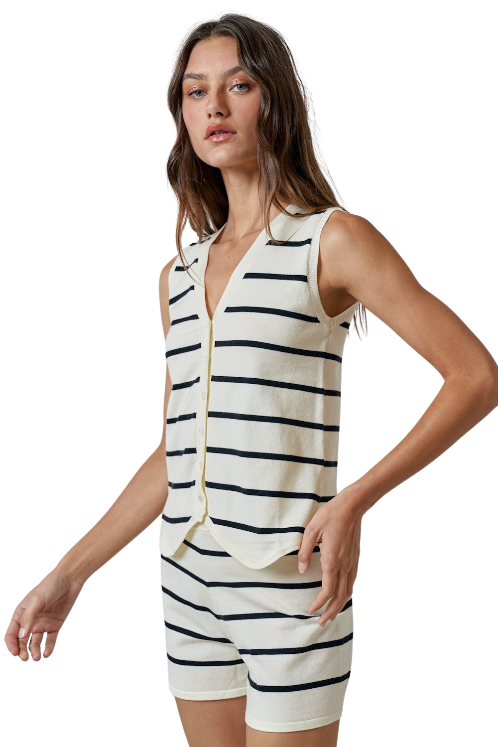 Apparel- LALAVON Striped Button Vest With Matching Short Set
