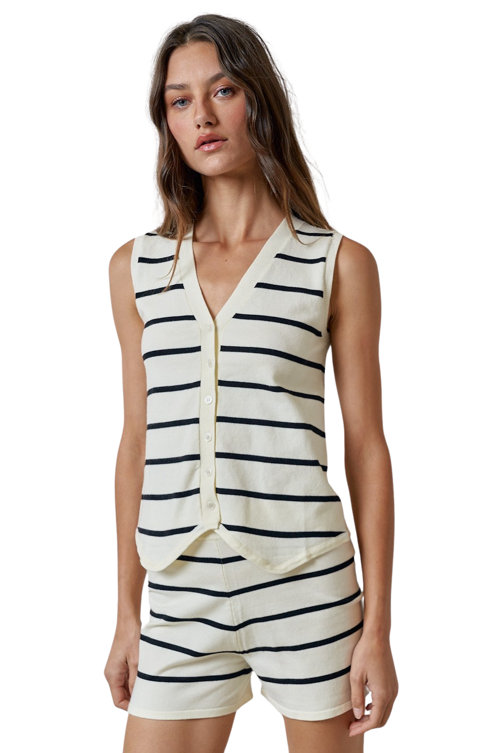 Apparel- LALAVON Striped Button Vest With Matching Short Set