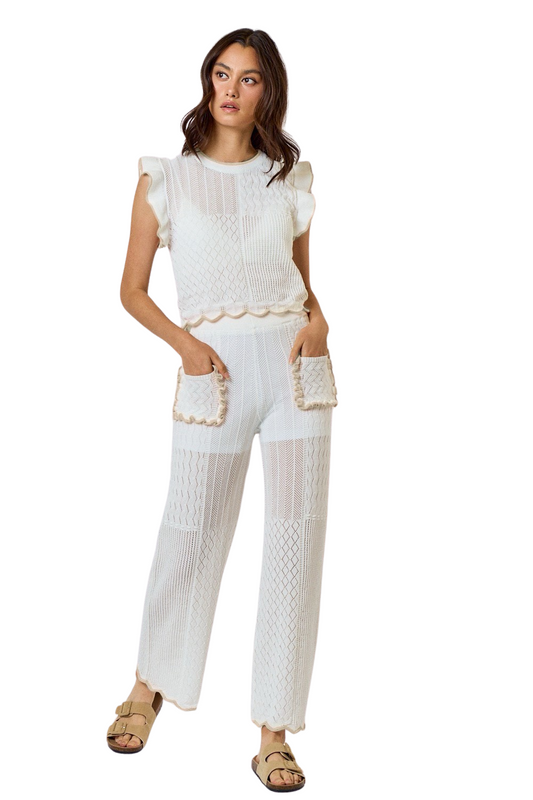 Apparel- LALAVON Crotchet Scallop Ruffle Hem Pants