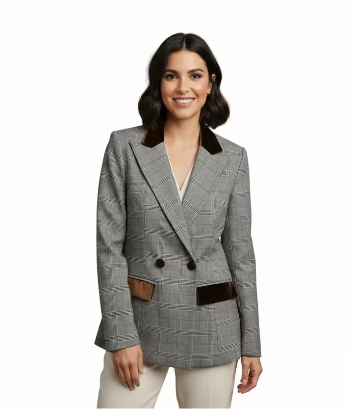 Fore- Plaid with Velvet Detail Blazer Style Jacket