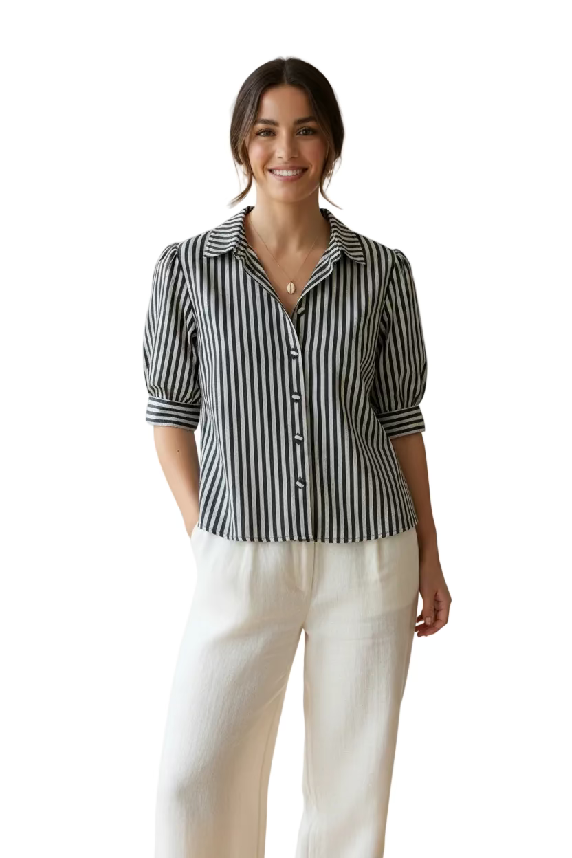 Olivaceous Christen Puff Sleeve Button Front Blouse Top