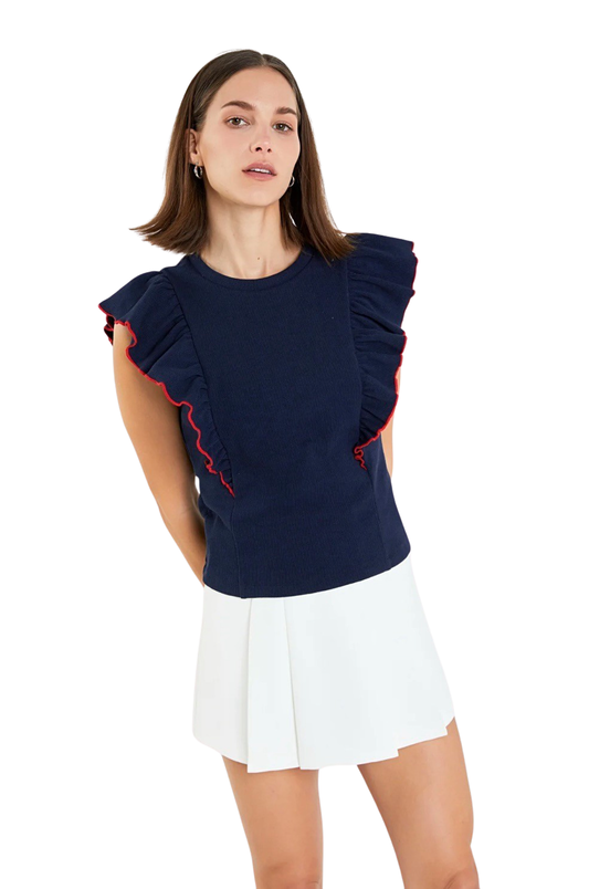 Apparel- English Factory Contrast Merrow Detail Ruffled Knit Top