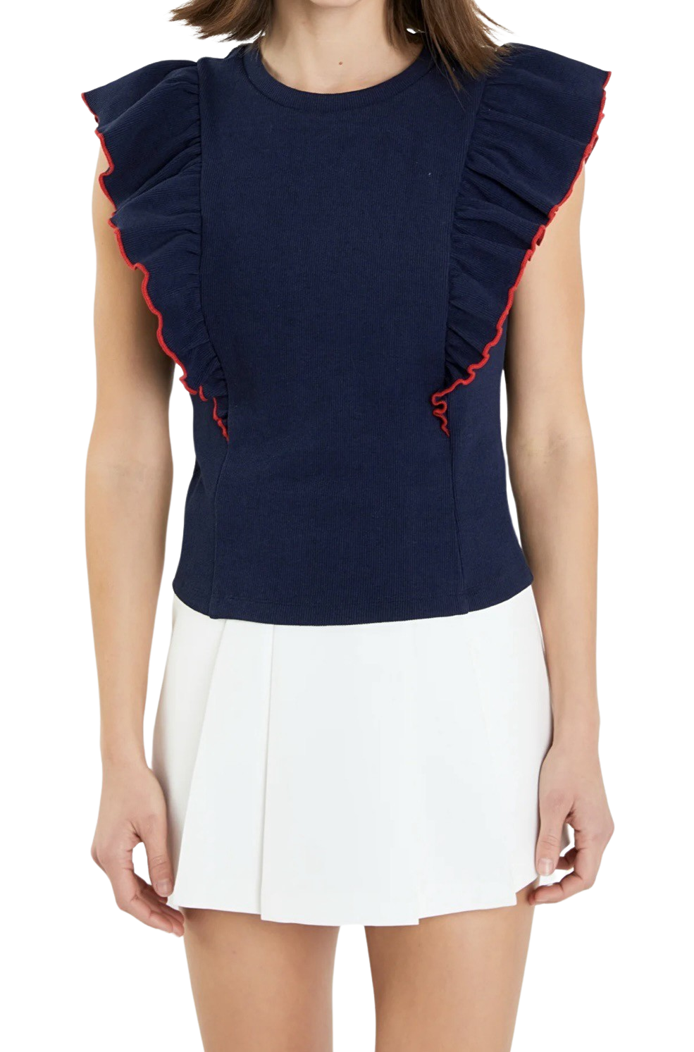 Apparel- English Factory Contrast Merrow Detail Ruffled Knit Top