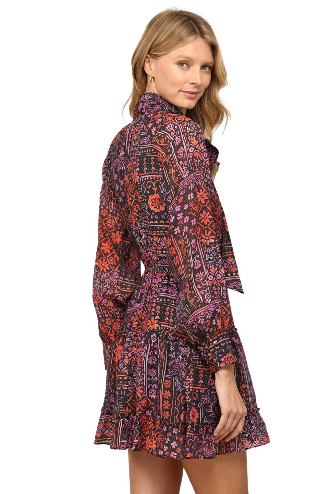 Apparel- Fate Patchwork Print Tencel Blend Tie Neck Dress