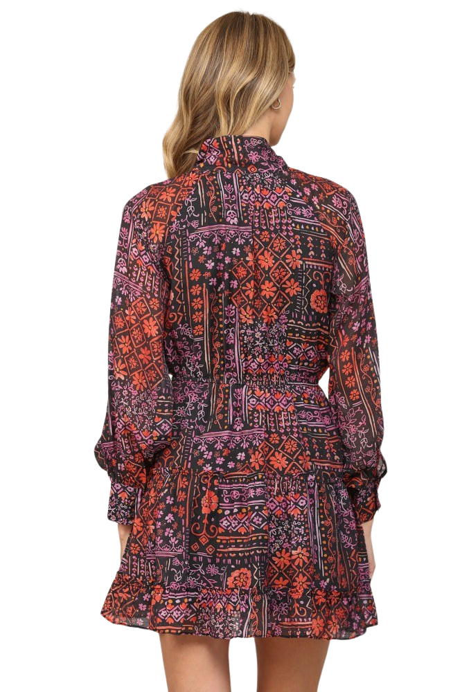 Apparel- Fate Patchwork Print Tencel Blend Tie Neck Dress