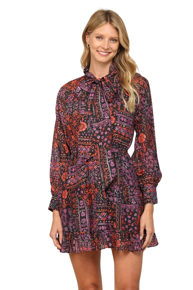 Apparel- Fate Patchwork Print Tencel Blend Tie Neck Dress