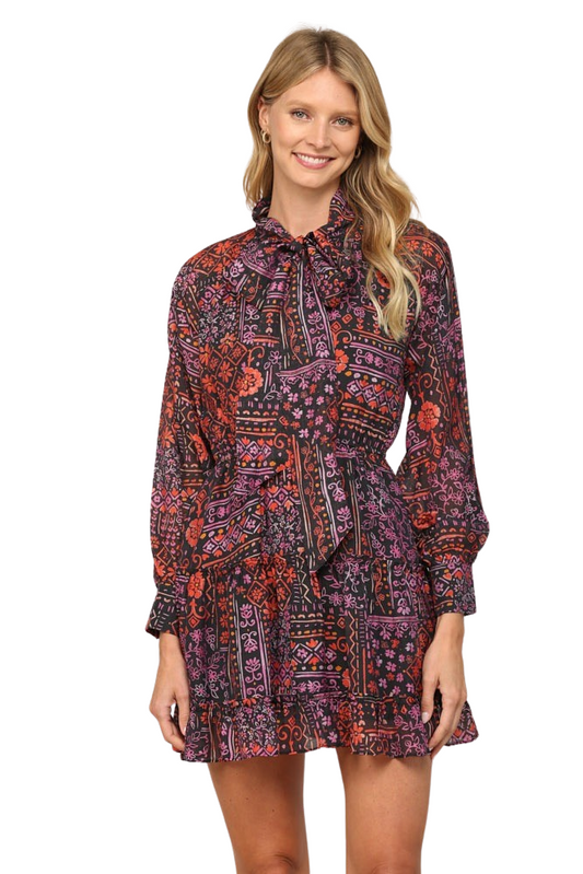 Apparel- Fate Patchwork Print Tencel Blend Tie Neck Dress