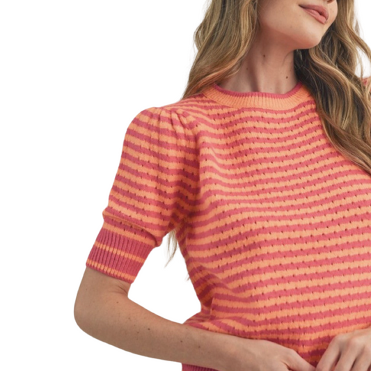 Apparel- En Merci Striped Short Sleeve Pointelle Sweater
