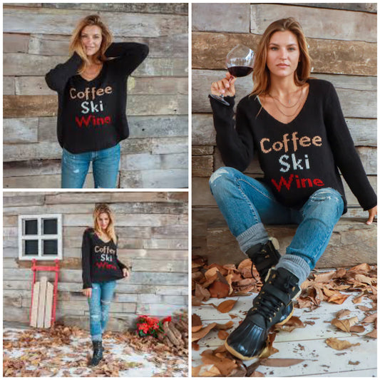 Apparel- Wooden Ships Coffee Ski Wine V Neck Sweater