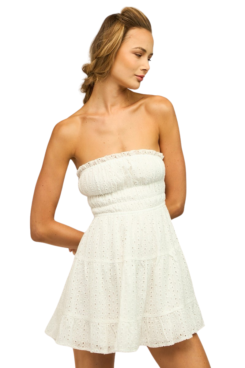 Apparel- Sky To Moon Eyelet Strapless Ruched Lace Trim Mini Dress