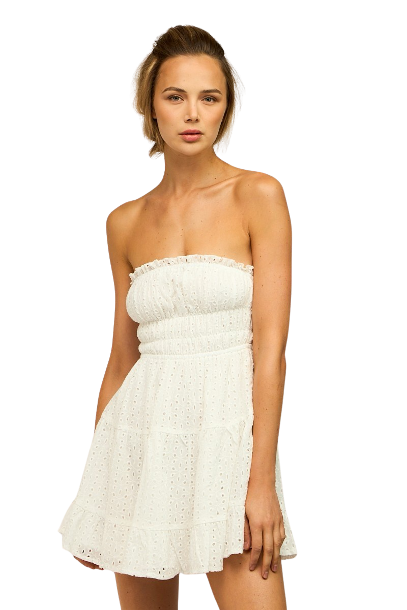 Apparel- Sky To Moon Eyelet Strapless Ruched Lace Trim Mini Dress