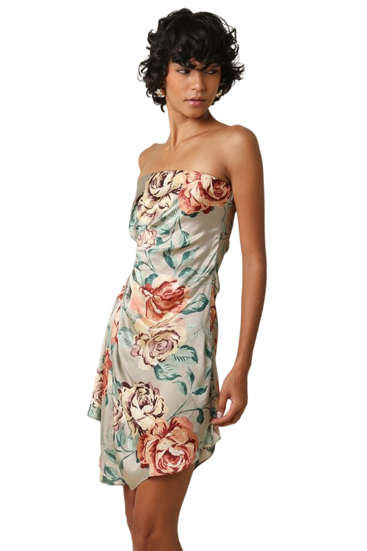 Olivaceous- Sage Floral Satin Strapless Mini Dress