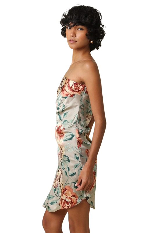 Olivaceous- Sage Floral Satin Strapless Mini Dress