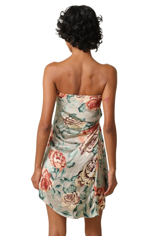 Olivaceous- Sage Floral Satin Strapless Mini Dress
