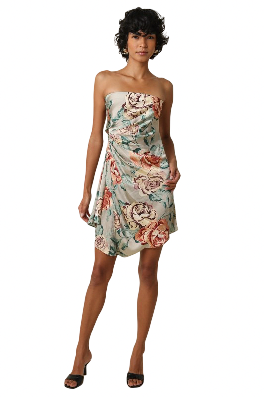 Olivaceous- Sage Floral Satin Strapless Mini Dress