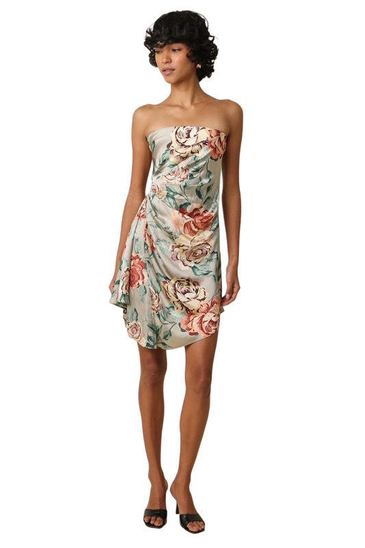 Olivaceous- Sage Floral Satin Strapless Mini Dress