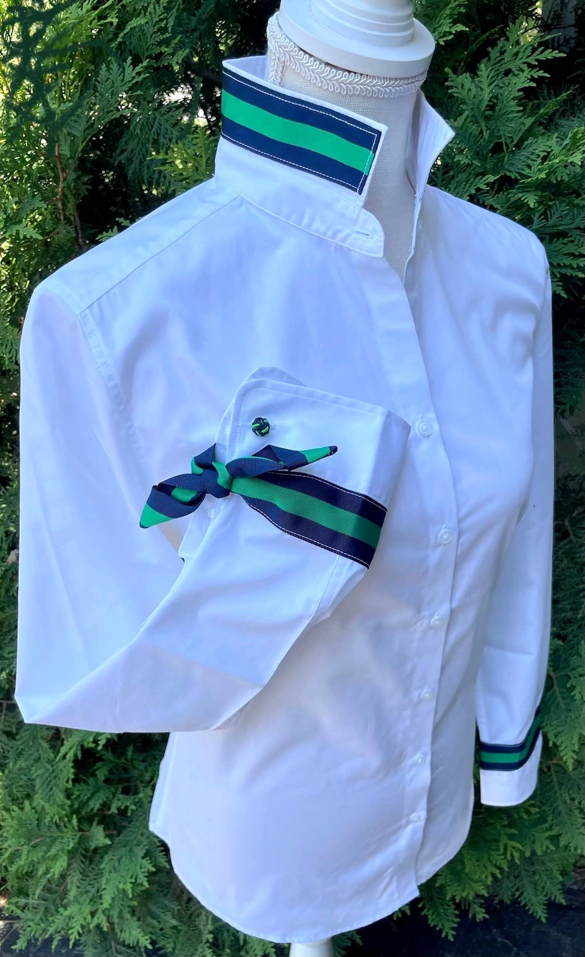 Apparel- Pearly Vines Audrey Ribbon FC- White with Navy & Green Stripe Ribbon