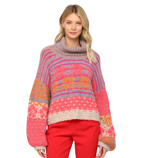 Apparel- Fate Floral Fuzzy Turtleneck Sweater