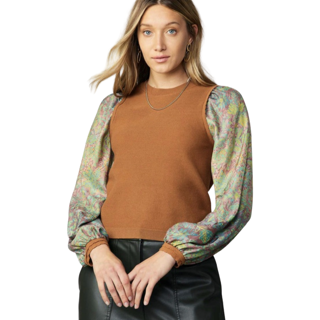 Apparel- Current Air Floral Print Sleeve Camel Vest Sweater