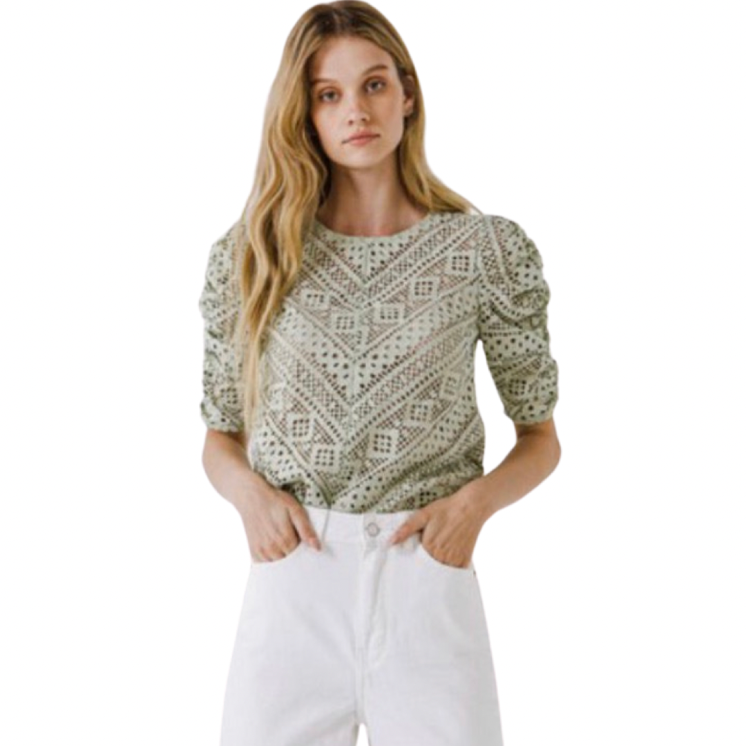 Apparel- English Factory Athans All Over Lace 3/4 Sleeve Top Sage