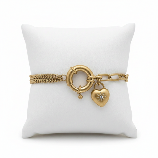 Bracelets- Canvas Kacie Puffed Heart Mixed Media Chain Bracelet in Worn Gold
