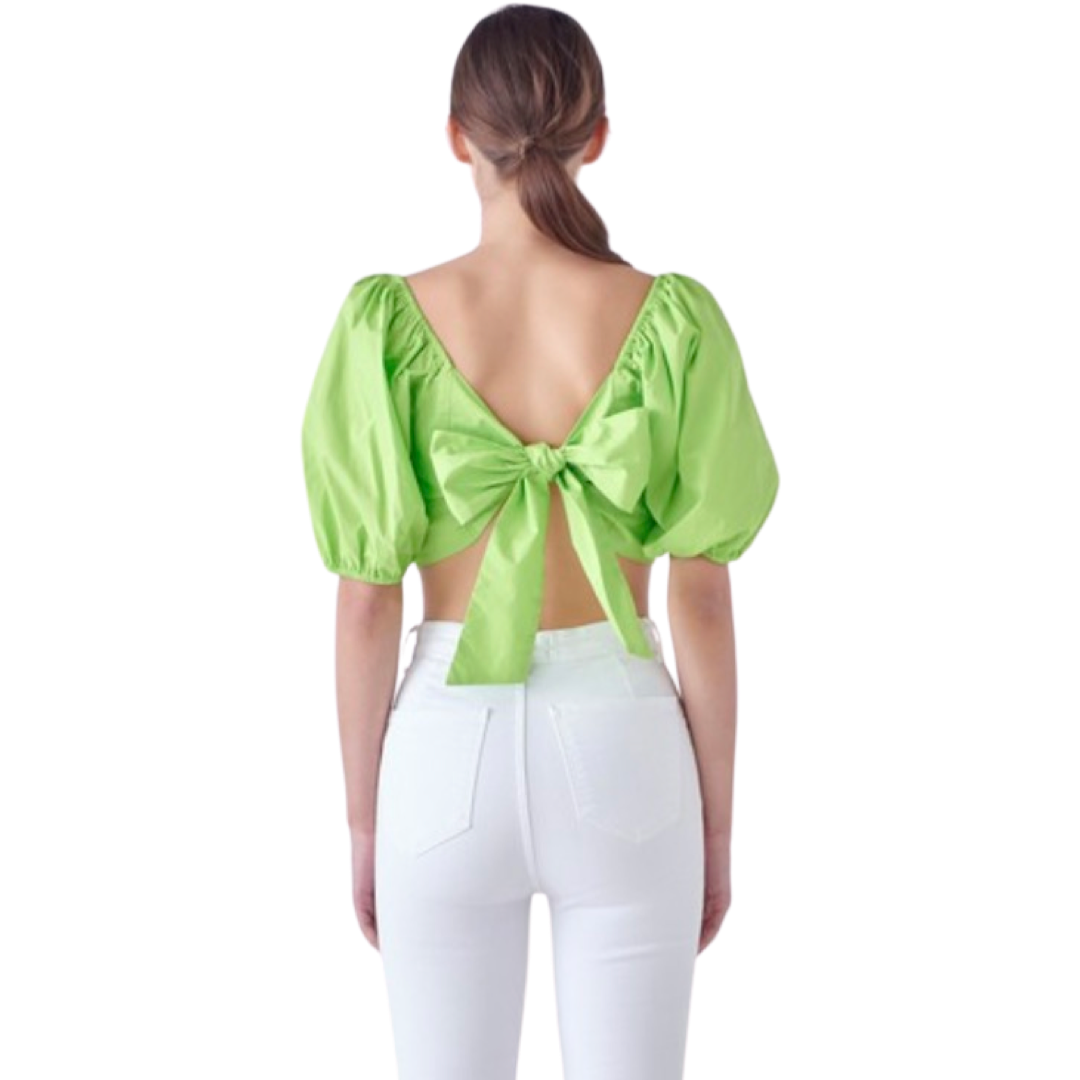 Apparel- English Factory Puffed Sleeve Top With Back Bow