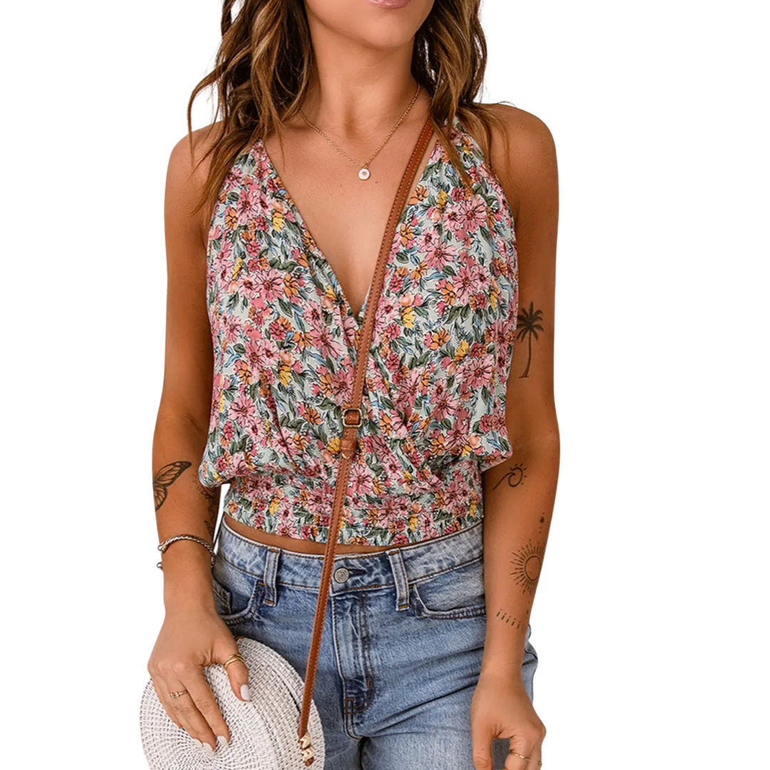 Apparel- PartyEight Wrapped V Neck Floral Tank Crop Top