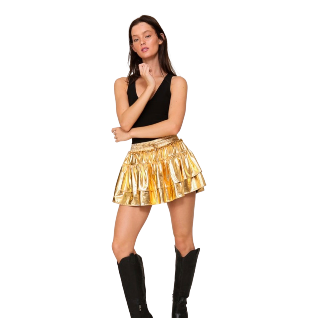 Apparel- Timing Tiered Foil Knit High Waisted Skort