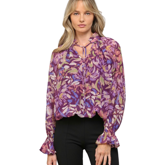 Apparel- Fate Foil Chiffon Tie Neck Blouse