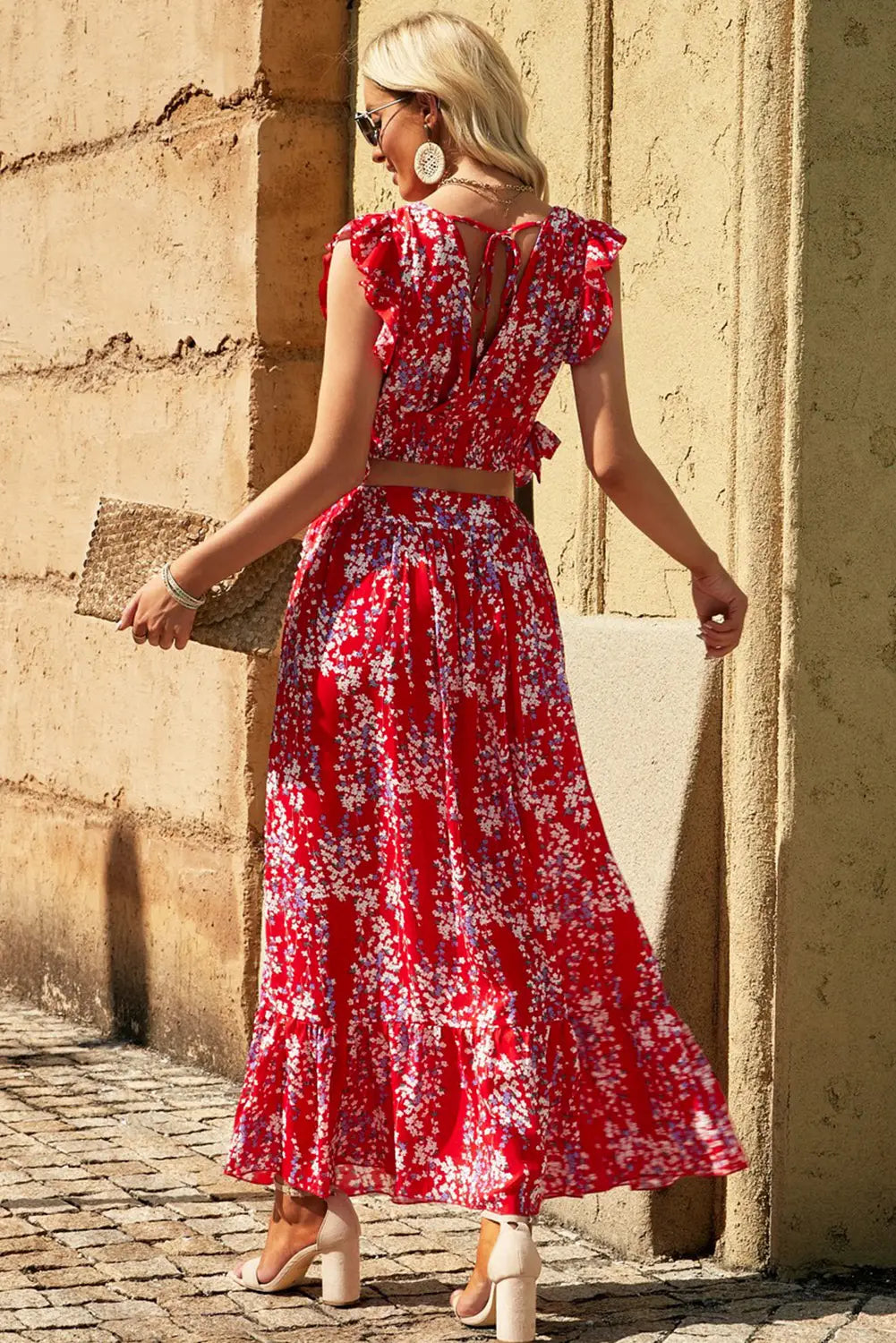 Apparel- PartyEight Multicolor Floral Ruffled Crop Top and Maxi Skirt Set