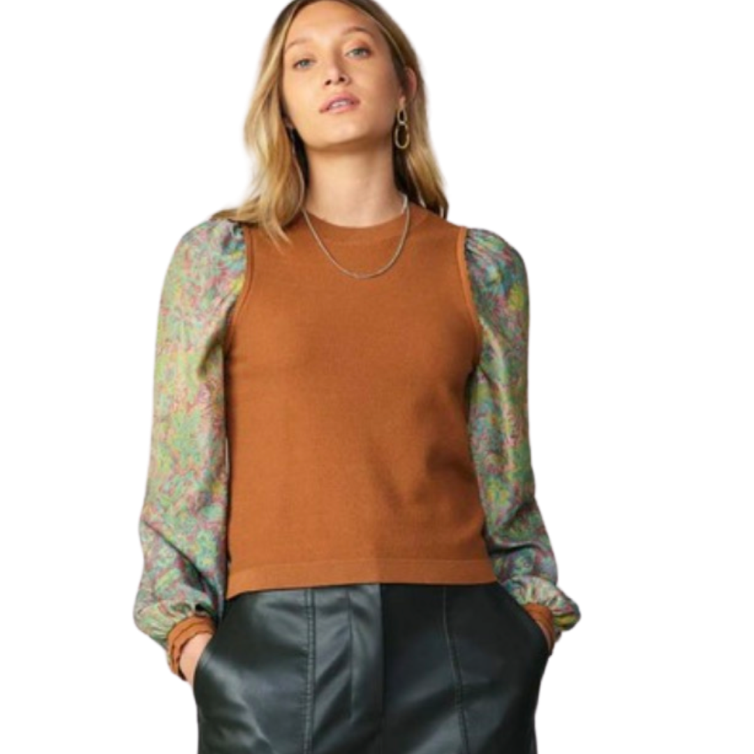 Apparel- Current Air Floral Print Sleeve Camel Vest Sweater