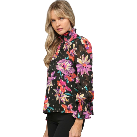 Apparel- Fate Floral With Foil Jacquard Chiffon High Neck Blouse