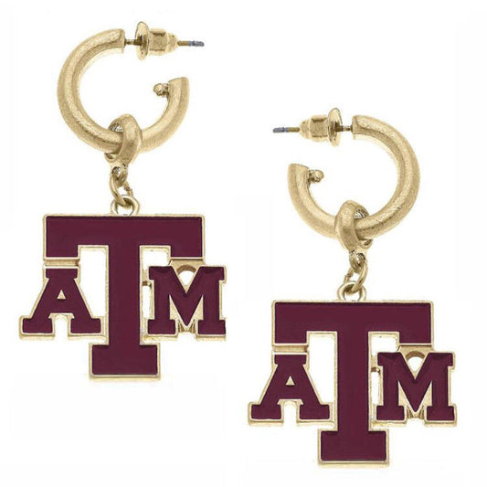 Earrings- Canvas Texas A&M Drop Hoop Earrings in Maroon