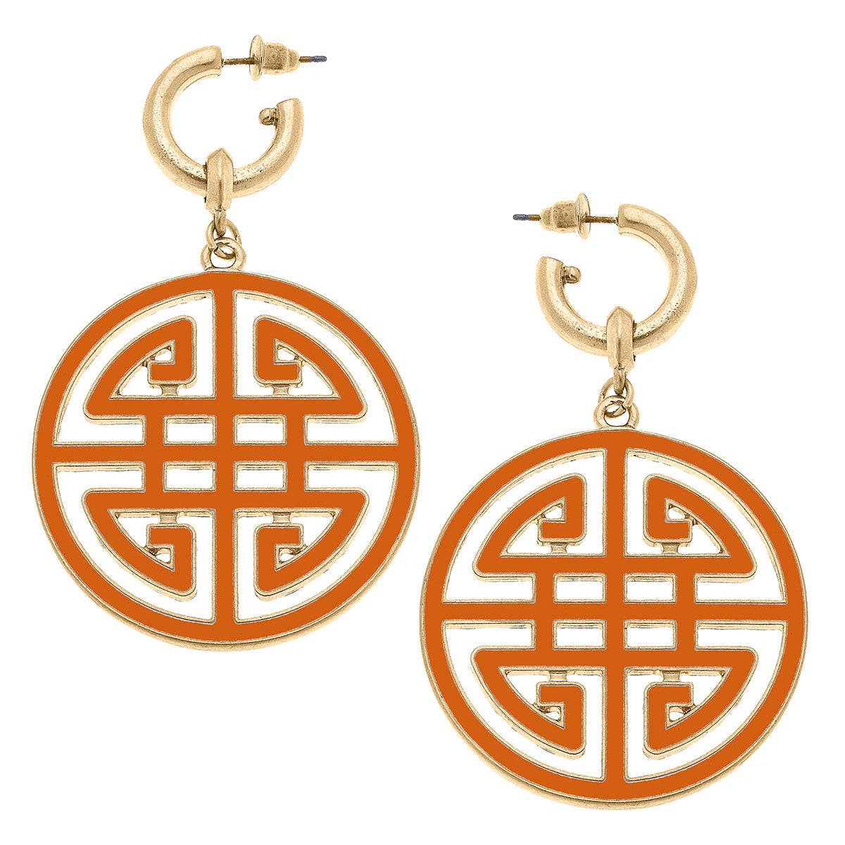 Earrings- Canvas Jenson Game Day Greek Keys Enamel Statement Earrings in Burnt Orange