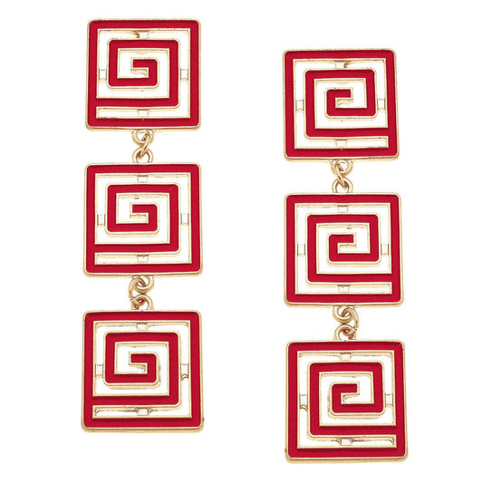Earrings- Canvas Gretchen Game Day Greek Keys Linked Enamel Earrings in Red