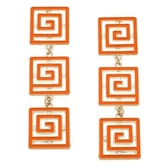 Earrings- Canvas Gretchen Game Day Greek Keys Linked Enamel Earrings in Orange