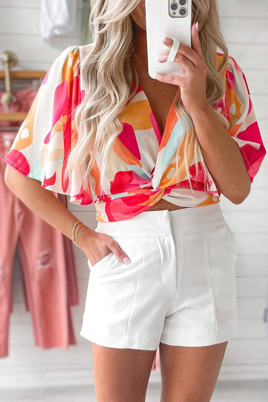 Apparel- PartyEight Abstract Print V Neck Twist Front Cropped Blouse