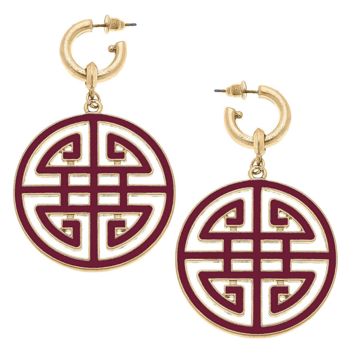 Earrings- Canvas Jenson Game Day Greek Keys Enamel Statement Earrings in Maroon