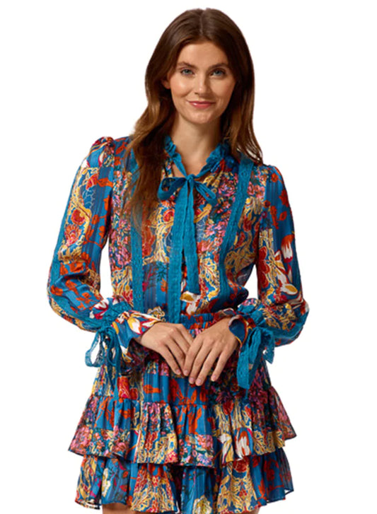 Apparel- Stellah Floral Patchwork Print Lace Trim Top