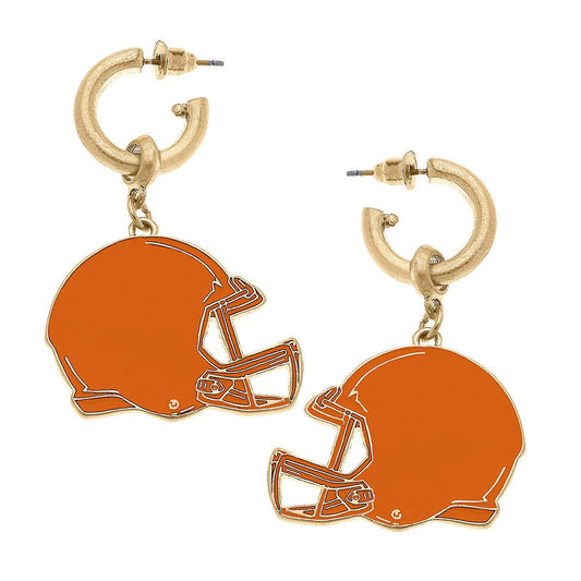 Earrings- Canvas Game Day Football Helmet Enamel Earrings in Burnt Orange