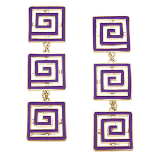 Earrings- Canvas Gretchen Game Day Greek Keys Linked Enamel Earrings in Purple