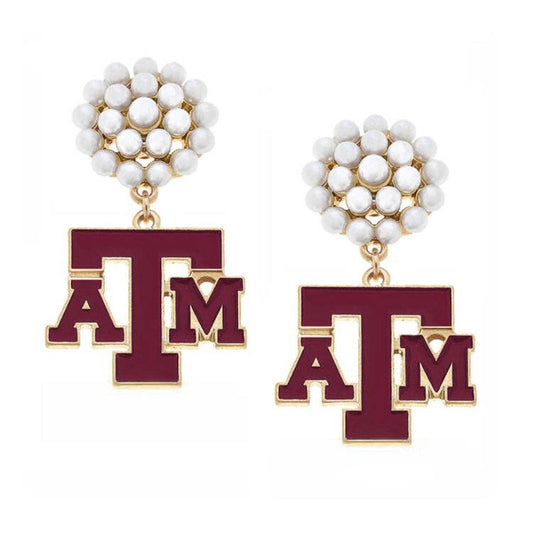 Earrings- Camvas Texas A&M Pearl Cluster Enamel Drop Earrings in Maroon