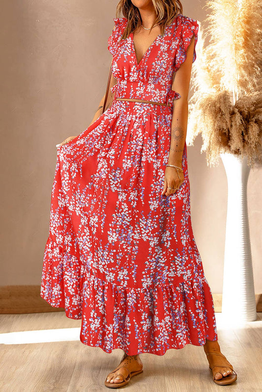 Apparel- PartyEight Multicolor Floral Ruffled Crop Top and Maxi Skirt Set