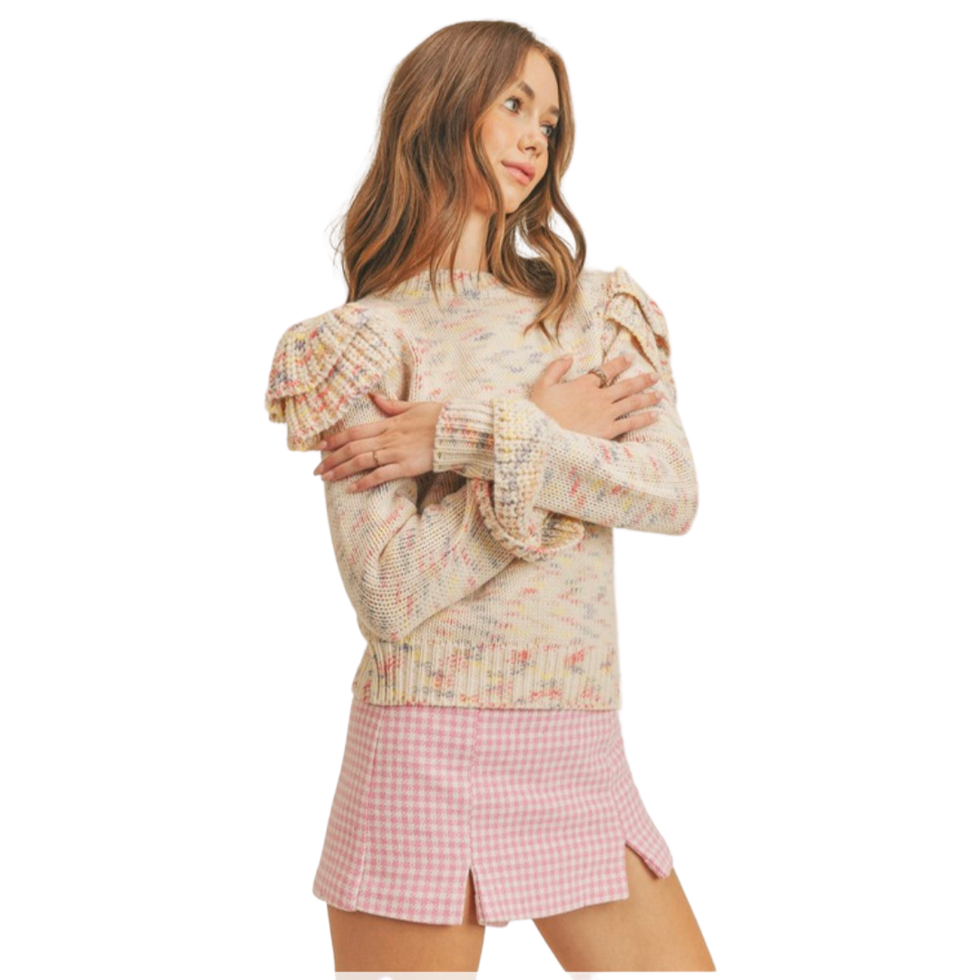Apparel- En Merci Ruffled Shoulder Mix Knit Sweater