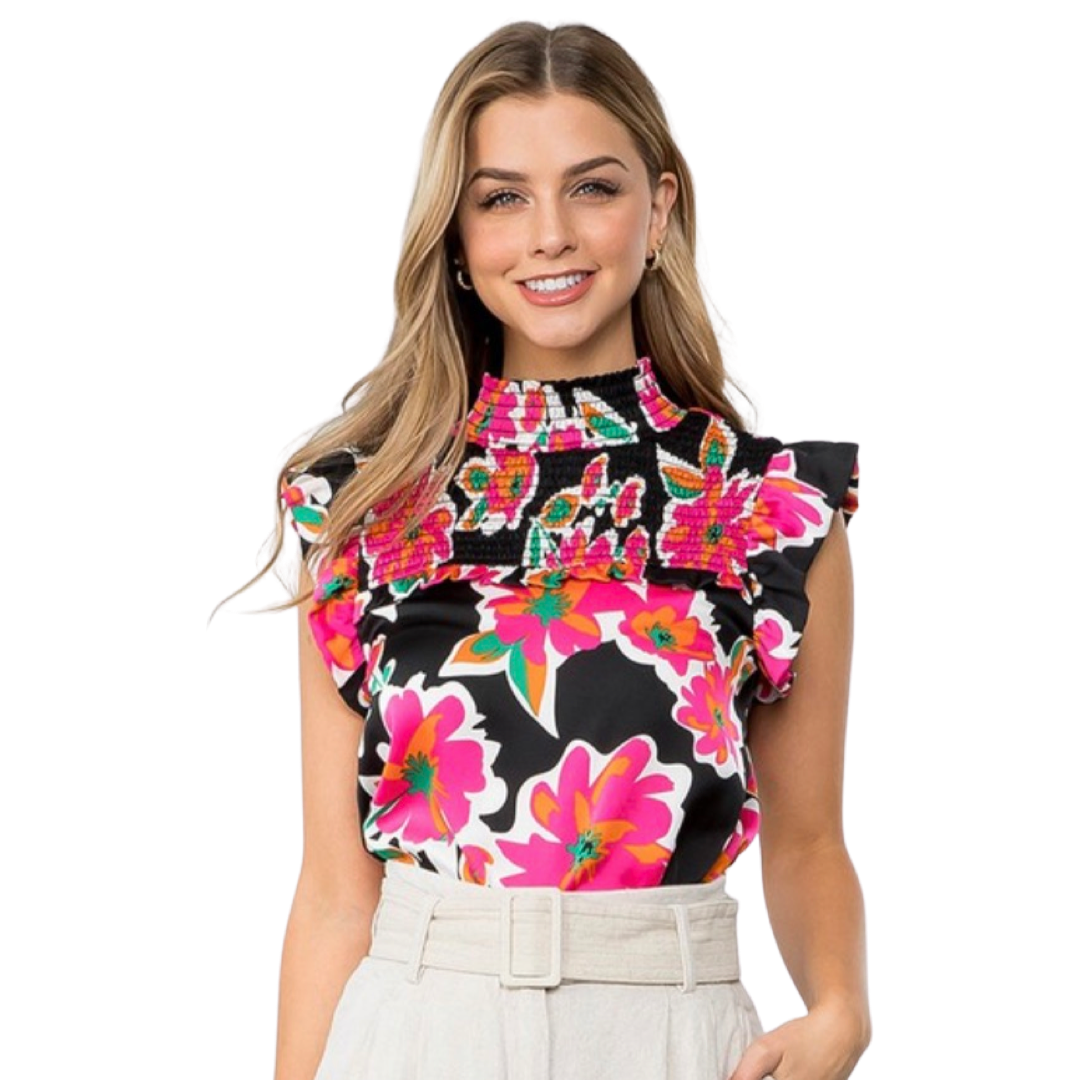 Apparel- THML Smocked Floral Detail Print Top